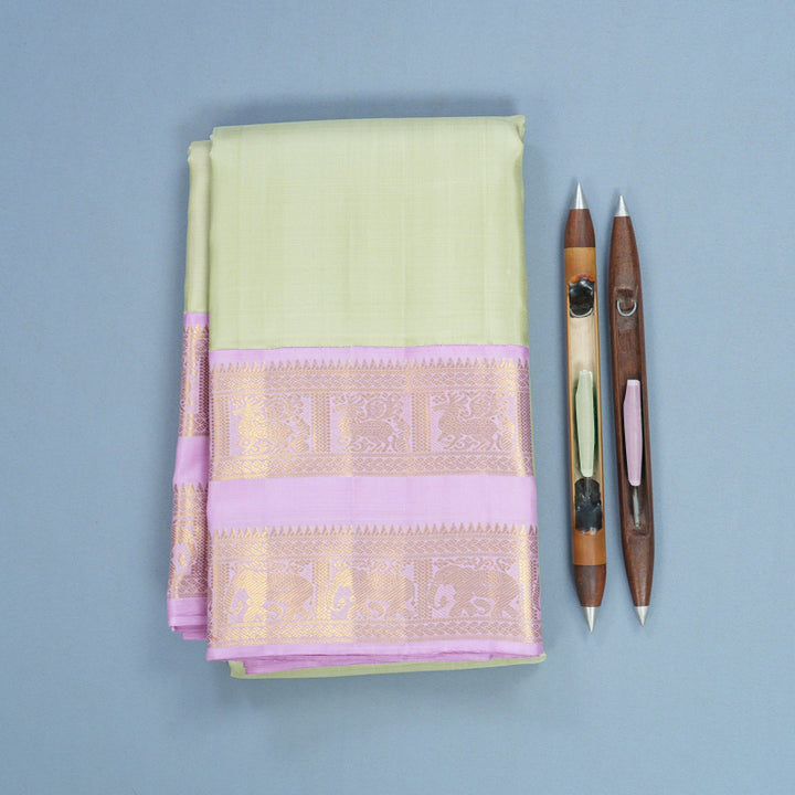 Hayagrivas Handloom Pista Green Kanjivaram Silk Saree with Lavender-Pink Border KBF668G3-4