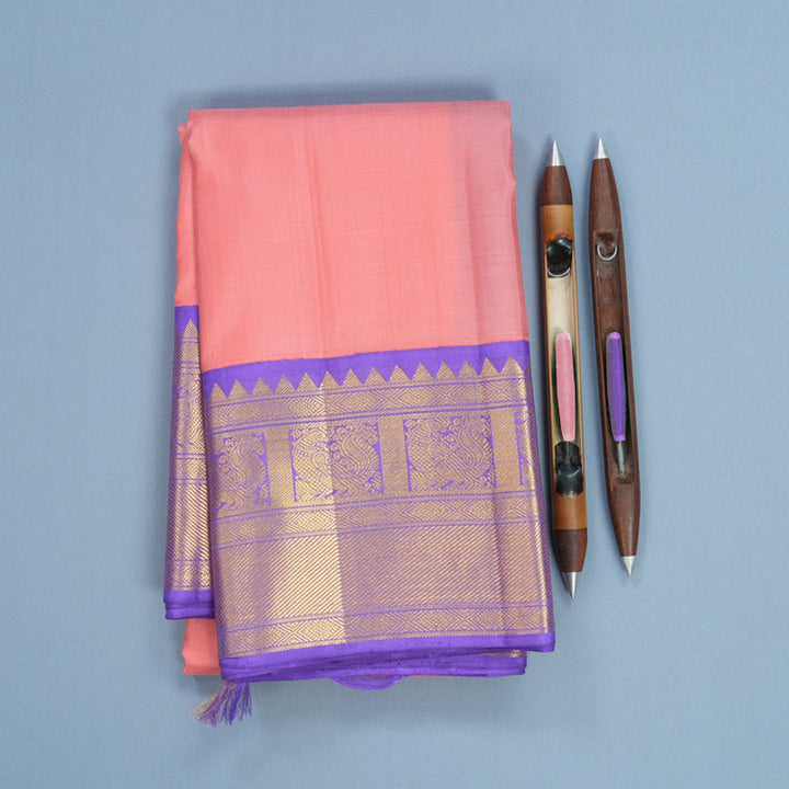 Hayagrivas Handloom Rose Pink Kanjivaram Silk Saree with Purple Border KBF668G3-5