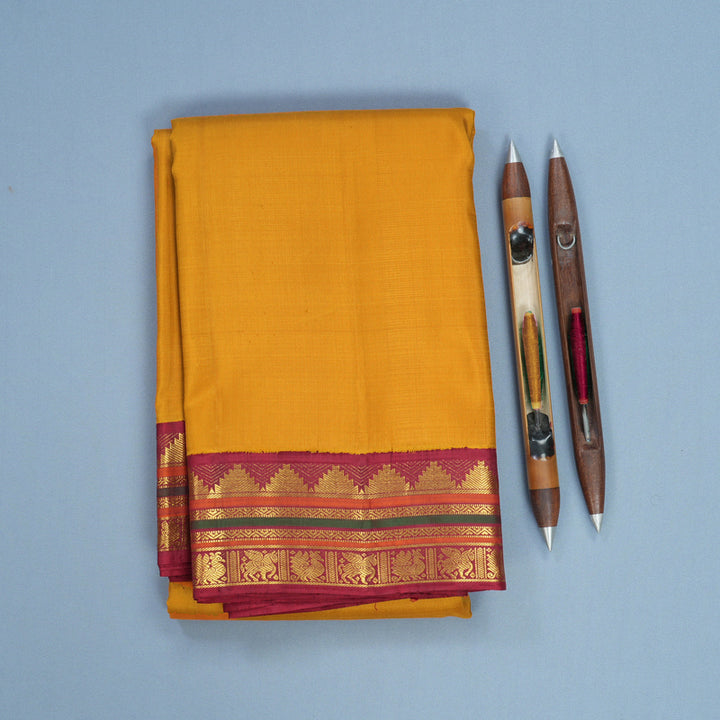 Hayagrivas Handloom Turmeric Yellow Kanjivaram Silk Saree with Maroon Border KBF669G2-1