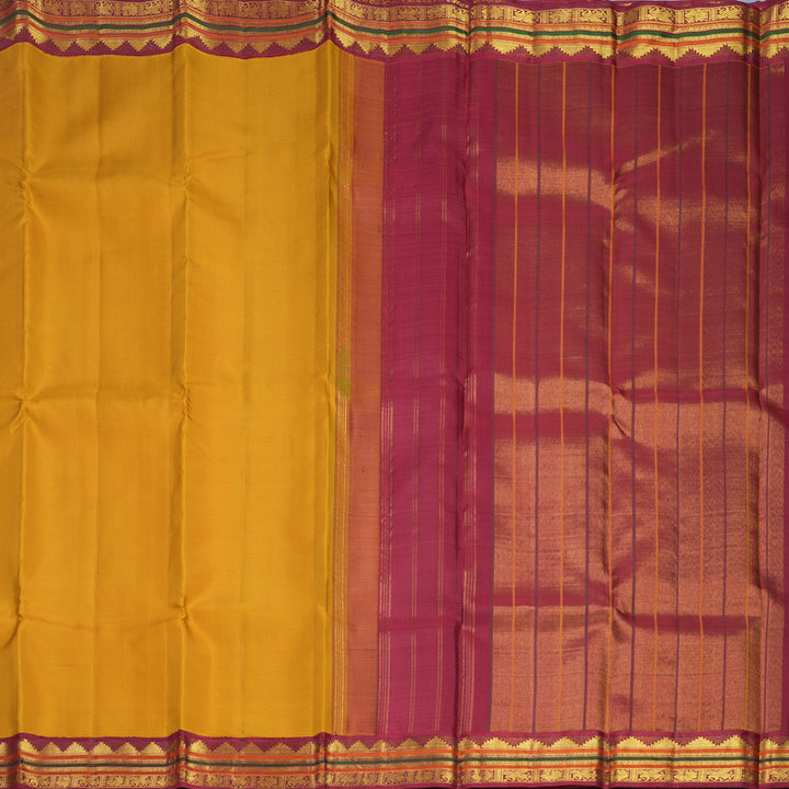 Hayagrivas Handloom Turmeric Yellow Kanjivaram Silk Saree with Maroon Border KBF669G2-1