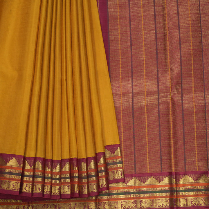 Hayagrivas Handloom Turmeric Yellow Kanjivaram Silk Saree with Maroon Border KBF669G2-1