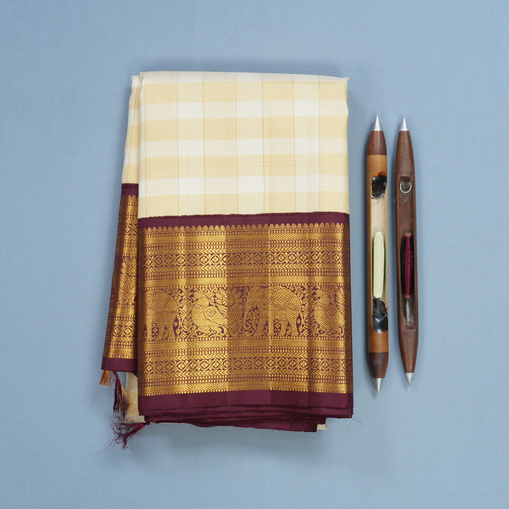 Hayagrivas Handloom Pale Yellow &amp; Cream Checks Kanjivaram Silk Saree with Burgundy Border KBF669G7-1