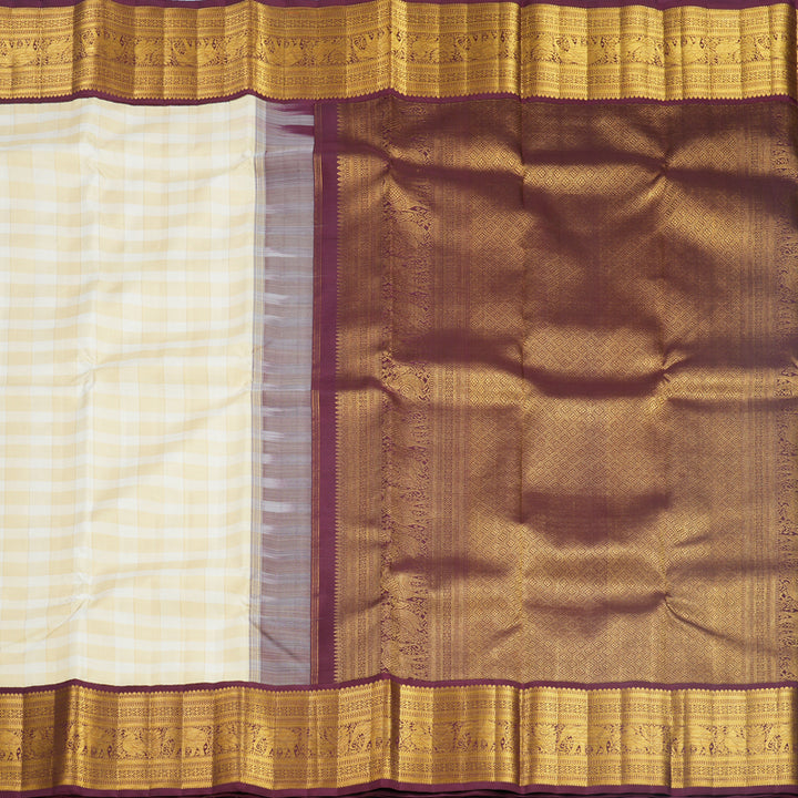 Hayagrivas Handloom Pale Yellow &amp; Cream Checks Kanjivaram Silk Saree with Burgundy Border KBF669G7-1