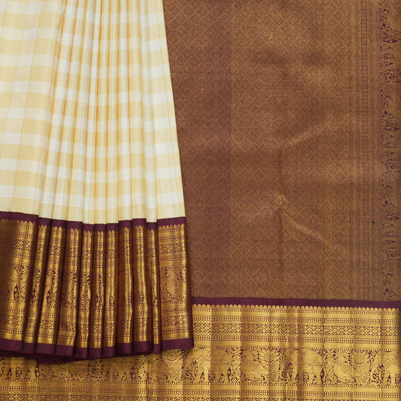 Hayagrivas Handloom Pale Yellow &amp; Cream Checks Kanjivaram Silk Saree with Burgundy Border KBF669G7-1