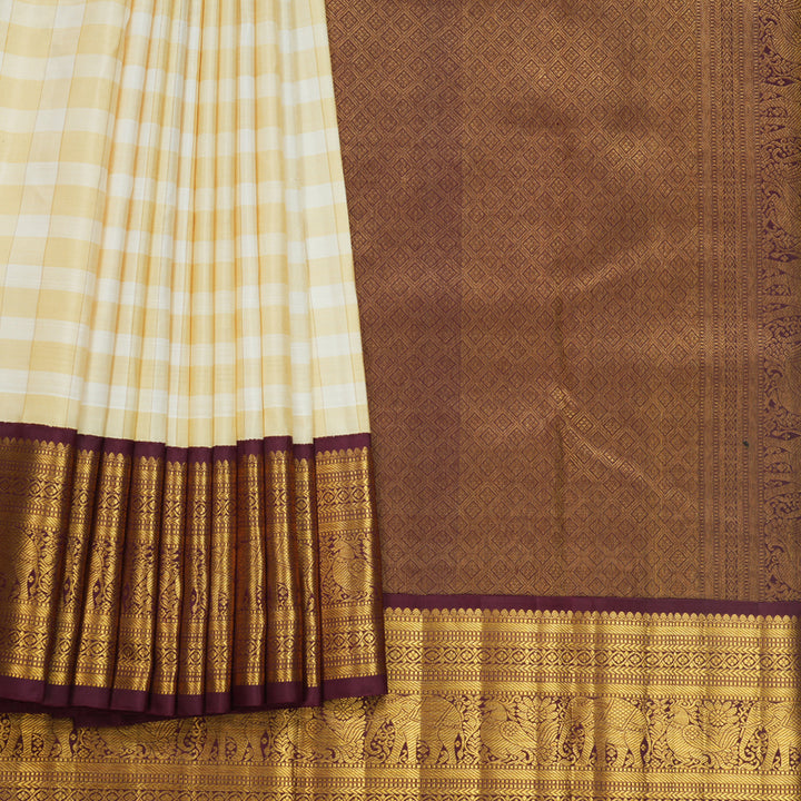 Hayagrivas Handloom Pale Yellow &amp; Cream Checks Kanjivaram Silk Saree with Burgundy Border KBF669G7-1