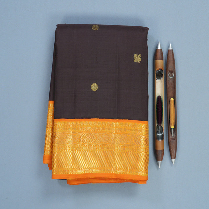 Hayagrivas Handloom Kanchana Brown Kanjivaram Silk Saree with Orange Border KBF670G5-1