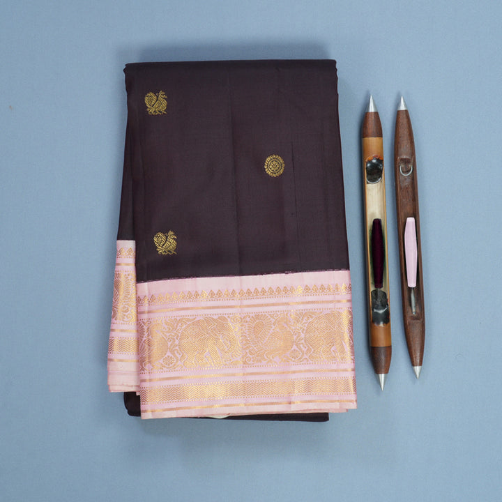 Hayagrivas Handloom Deep Nagapazham Kanjivaram Silk Saree with Baby Pink Border KBF670G5-3