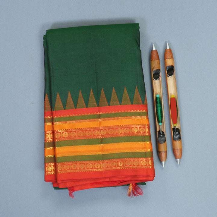 Hayagrivas Handloom Peacock Green Kanjivaram Silk Saree with Reddish-Orange Border KBE670G6-2