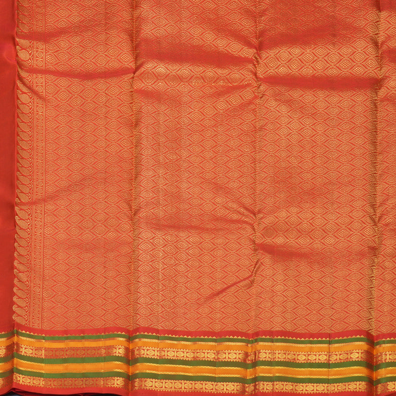 Hayagrivas Handloom Peacock Green Kanjivaram Silk Saree with Reddish-Orange Border KBE670G6-2