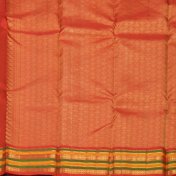 Hayagrivas Handloom Peacock Green Kanjivaram Silk Saree with Reddish-Orange Border KBE670G6-2