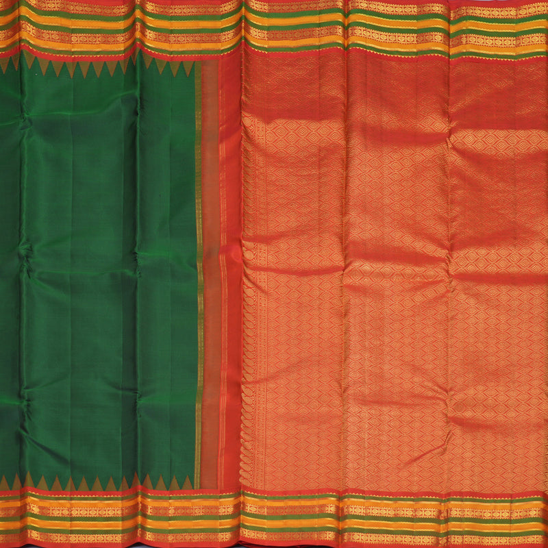 Hayagrivas Handloom Peacock Green Kanjivaram Silk Saree with Reddish-Orange Border KBE670G6-2