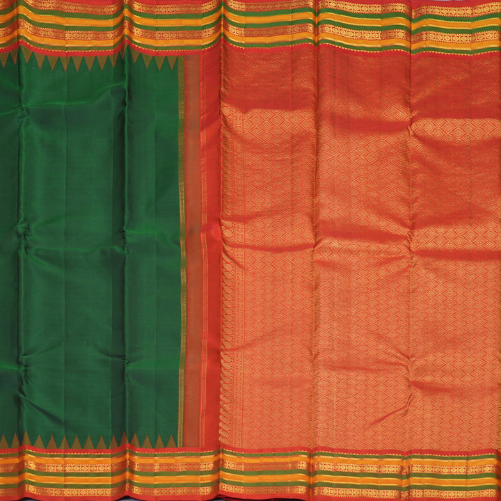 Hayagrivas Handloom Peacock Green Kanjivaram Silk Saree with Reddish-Orange Border KBE670G6-2