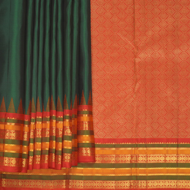 Hayagrivas Handloom Peacock Green Kanjivaram Silk Saree with Reddish-Orange Border KBE670G6-2