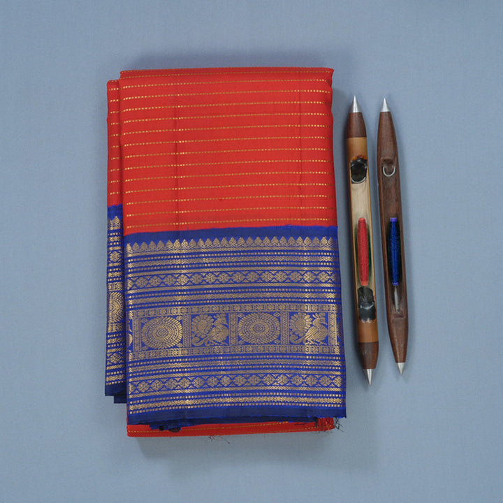 Hayagrivas Handloom Red Kanjivaram Silk Saree with MS Blue Border KBF671G3-1