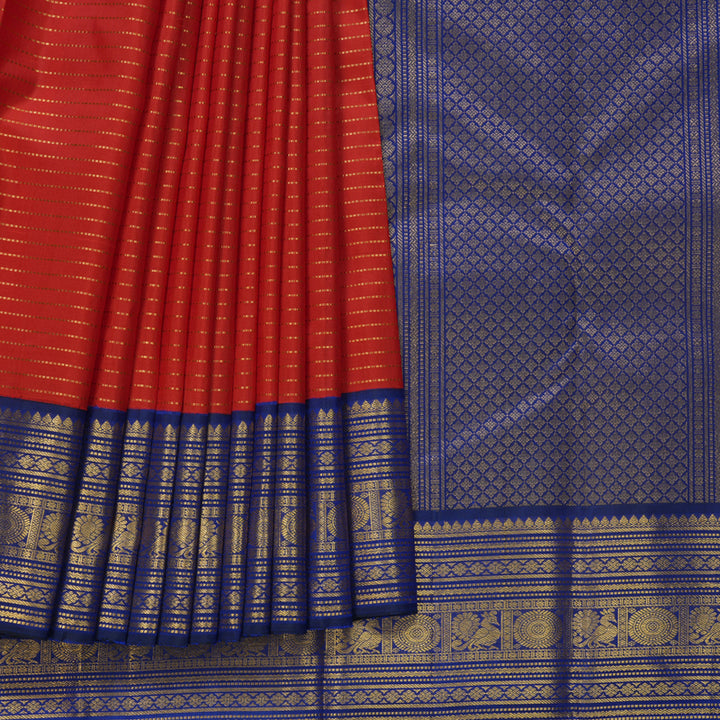 Hayagrivas Handloom Red Kanjivaram Silk Saree with MS Blue Border KBF671G3-1