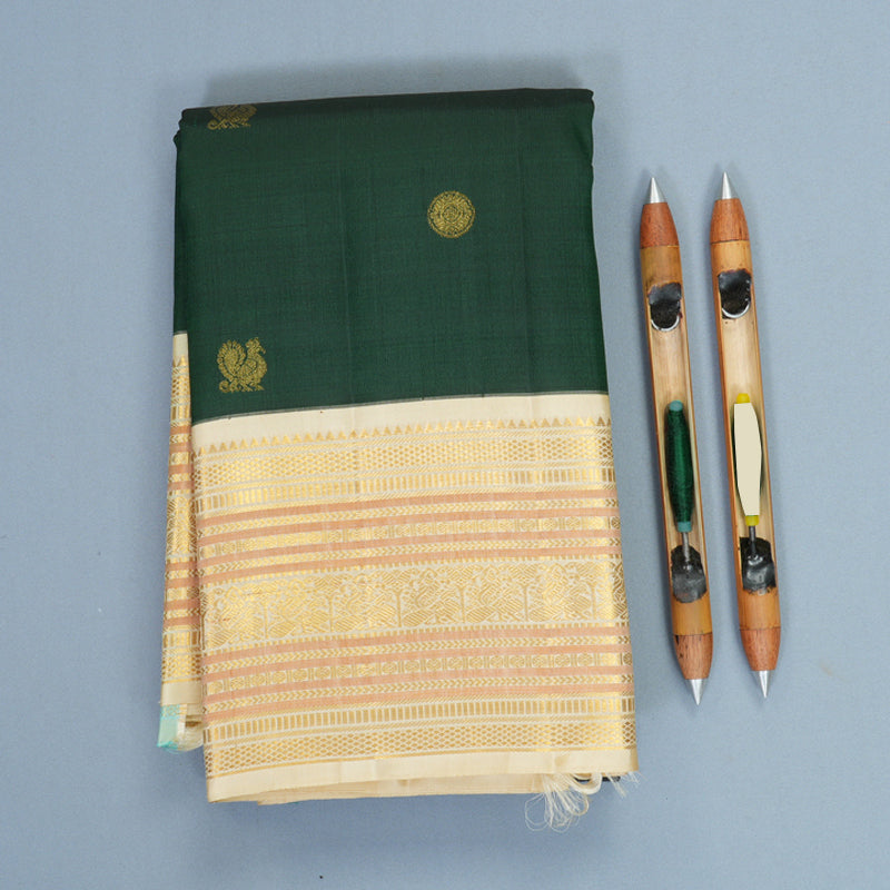 Hayagrivas Handloom Bottle Green Kanjivaram Silk Saree with Half-White Border KBF671G5-1