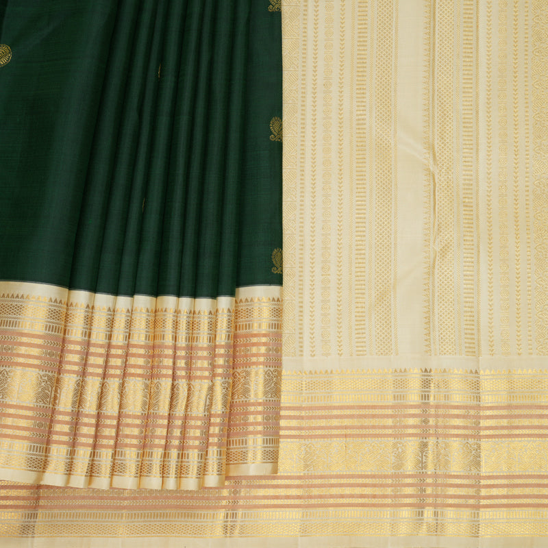 Hayagrivas Handloom Bottle Green Kanjivaram Silk Saree with Half-White Border KBF671G5-1