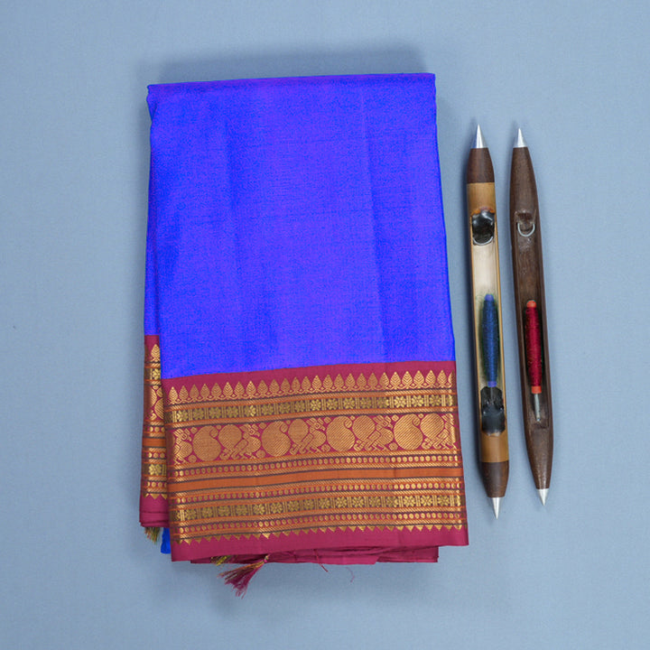 Hayagrivas Handloom Purplish-Blue Blue Kanjivaram Silk Saree with Maroonish Pink Border KBF675G1-1