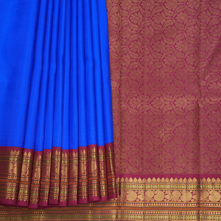 Hayagrivas Handloom Purplish-Blue Blue Kanjivaram Silk Saree with Maroonish Pink Border KBF675G1-1
