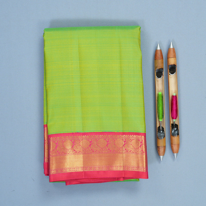 Hayagrivas Handloom Parrot Green Kanjivaram Silk Saree with Orangish-Pink Border KBF675G1-2