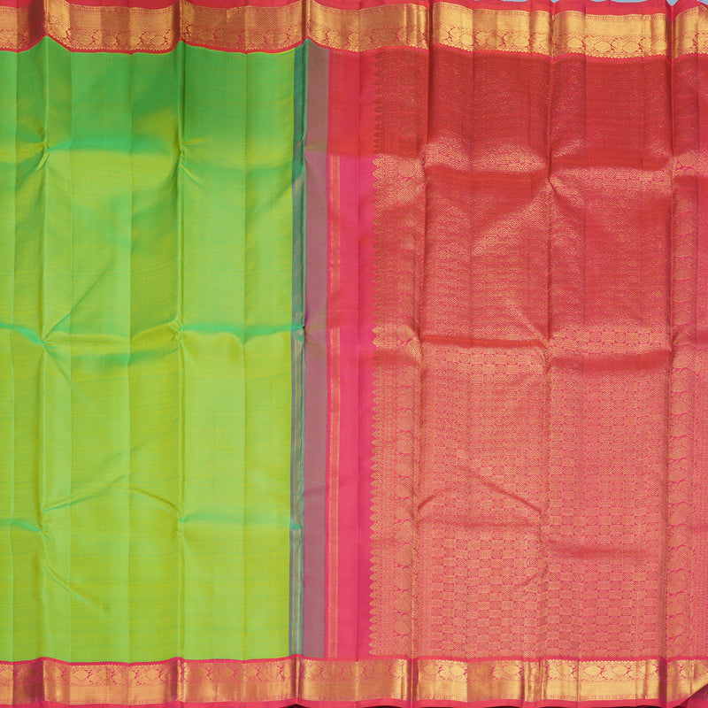 Hayagrivas Handloom Parrot Green Kanjivaram Silk Saree with Orangish-Pink Border KBF675G1-2
