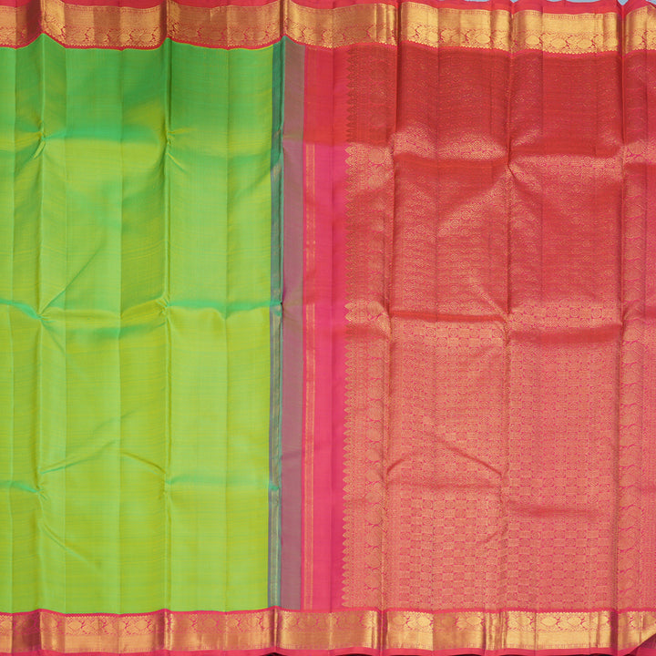 Hayagrivas Handloom Parrot Green Kanjivaram Silk Saree with Orangish-Pink Border KBF675G1-2