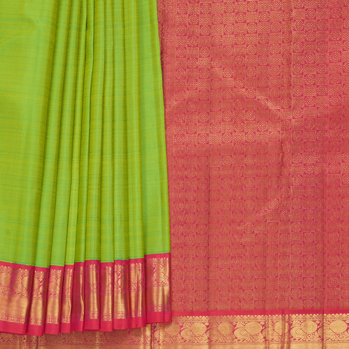 Hayagrivas Handloom Parrot Green Kanjivaram Silk Saree with Orangish-Pink Border KBF675G1-2