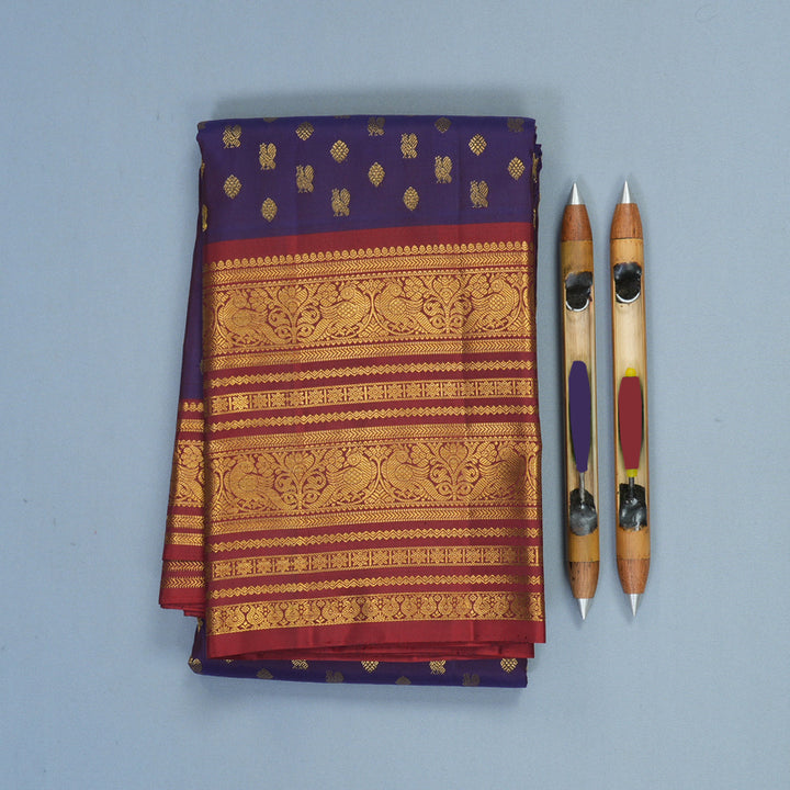 Hayagrivas Handloom Dark Purple Kanjivaram Silk Saree with Rust Maroon Border KBF680G3-1