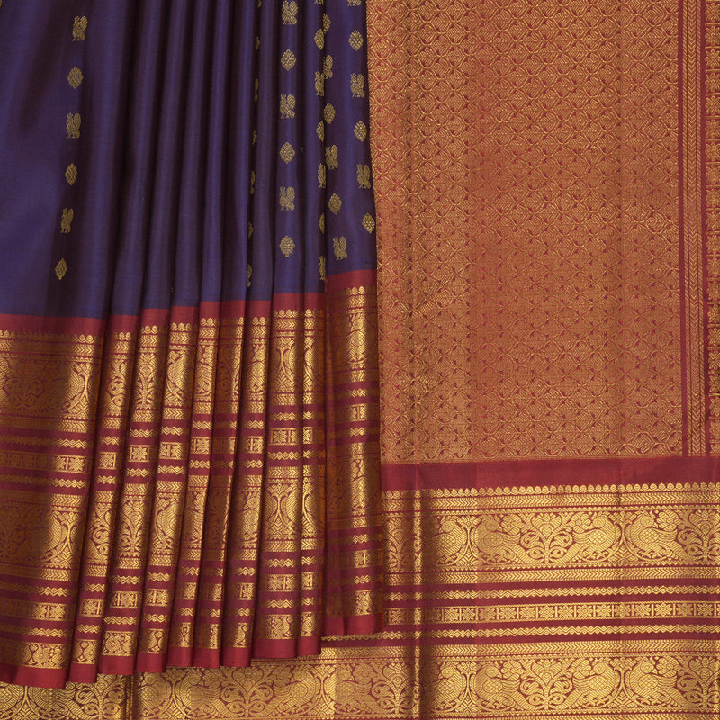 Hayagrivas Handloom Dark Purple Kanjivaram Silk Saree with Rust Maroon Border KBF680G3-1