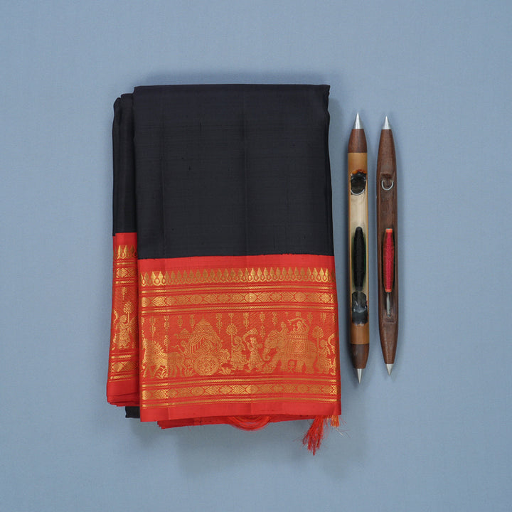 Hayagrivas Handloom Kanchana Brown Kanjivaram Silk Saree with Reddish-Orange Border KBF681G13-1