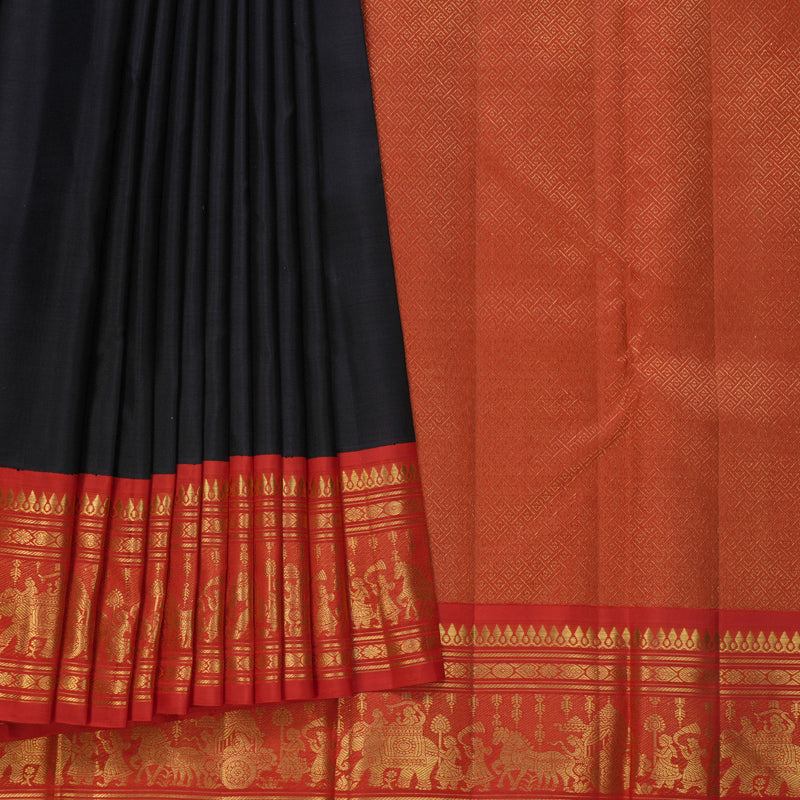 Hayagrivas Handloom Kanchana Brown Kanjivaram Silk Saree with Reddish-Orange Border KBF681G13-1