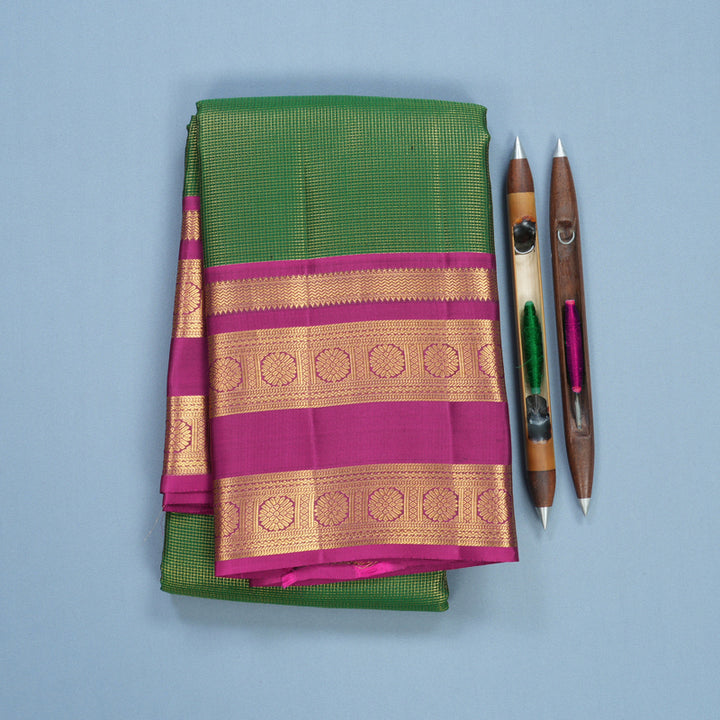 Hayagrivas Handloom Green Kanjivaram Silk Saree with Magenta Border KBF682G14-9