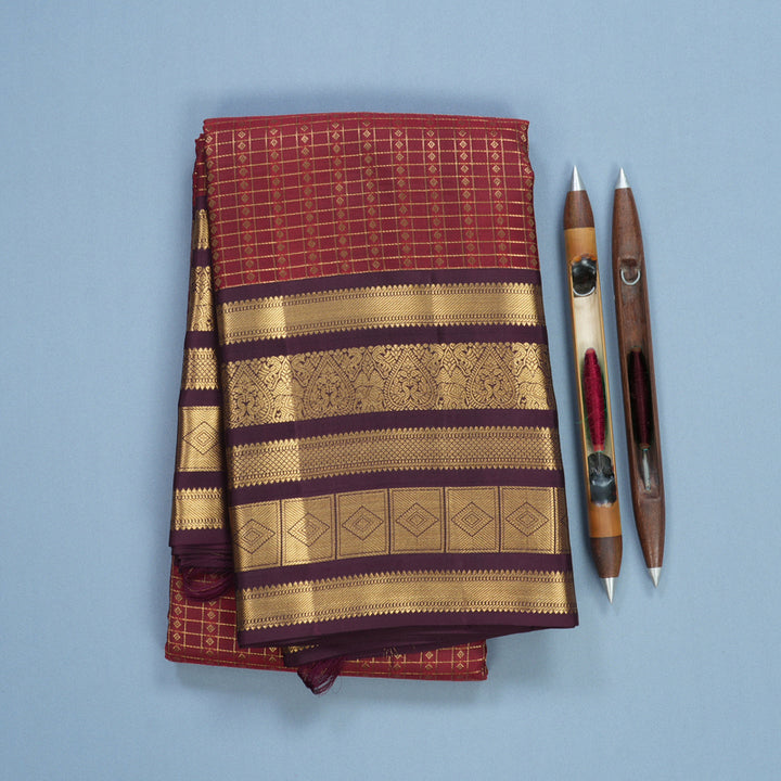 Hayagrivas Handloom Maroon Kanjivaram Silk Saree with Deep Plum Border KBF682G16-1