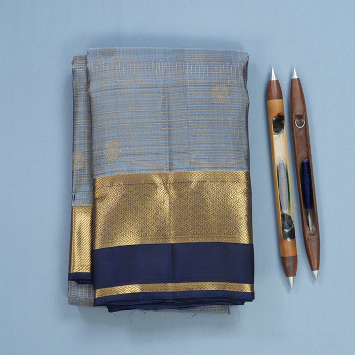 Hayagrivas Handloom Grey Kanjivaram Silk Saree with Navy Blue Border KBF682G6-3