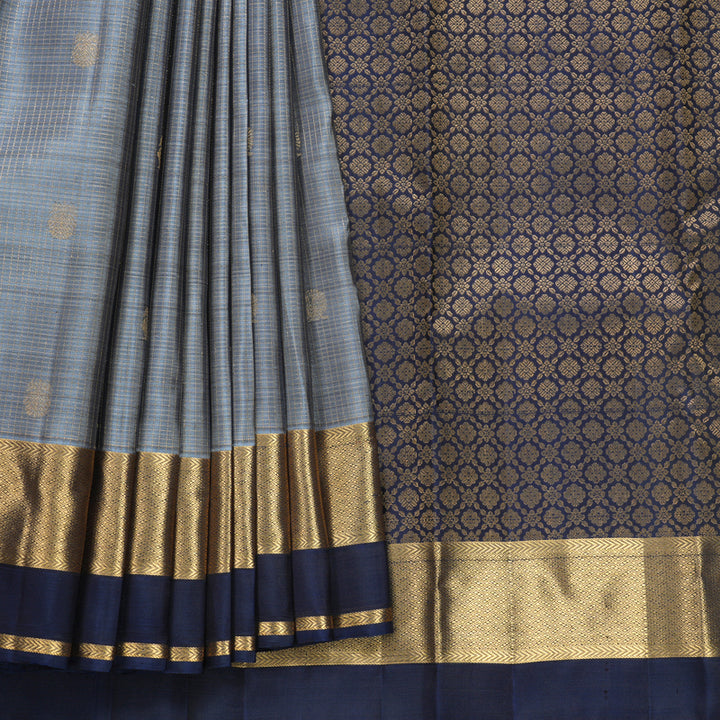Hayagrivas Handloom Grey Kanjivaram Silk Saree with Navy Blue Border KBF682G6-3