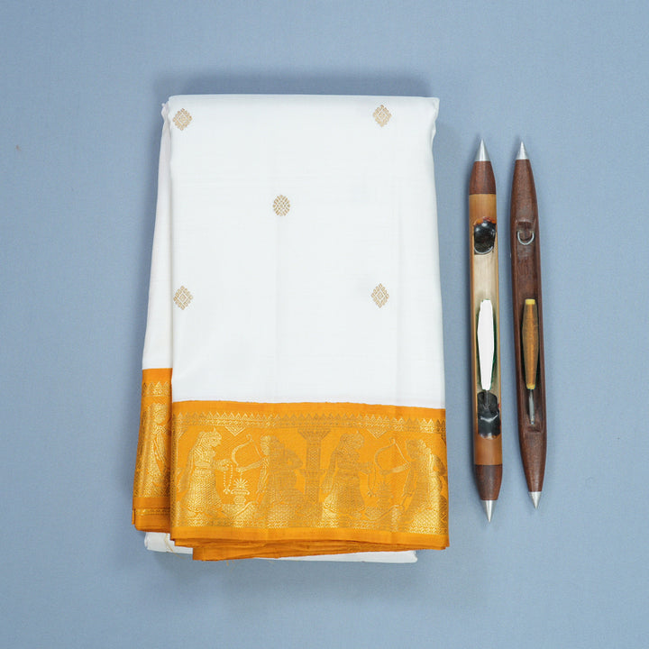 Hayagrivas Handloom Milk-White Kanjivaram Silk Saree with Mustard Yellow Border KBF683G5-1