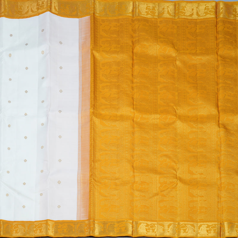 Hayagrivas Handloom Milk-White Kanjivaram Silk Saree with Mustard Yellow Border KBF683G5-1