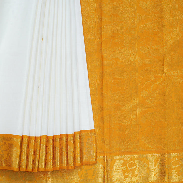Hayagrivas Handloom Milk-White Kanjivaram Silk Saree with Mustard Yellow Border KBF683G5-1