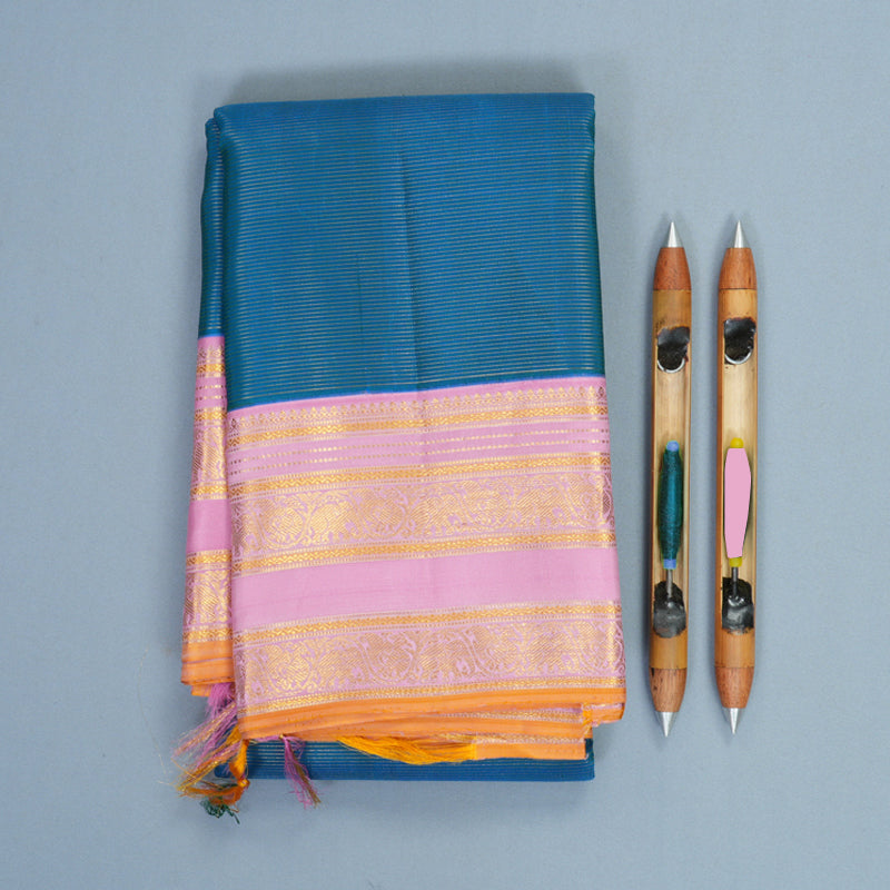 Hayagrivas Handloom Peacock Blue Kanjivaram Silk Saree with Baby Pink Border KBF686G2-1