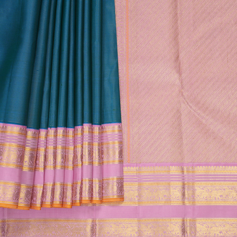 Hayagrivas Handloom Peacock Blue Kanjivaram Silk Saree with Baby Pink Border KBF686G2-1
