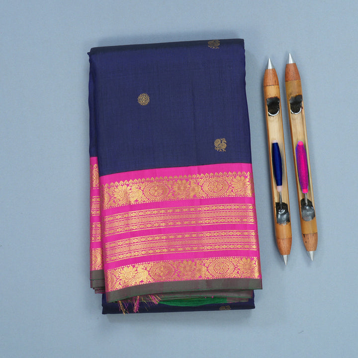 Hayagrivas Handloom Deep Ink Blue Kanjivaram Silk Saree with Rani Pink Border KBF686G2-2