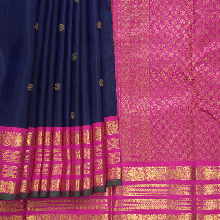 Hayagrivas Handloom Deep Ink Blue Kanjivaram Silk Saree with Rani Pink Border KBF686G2-2