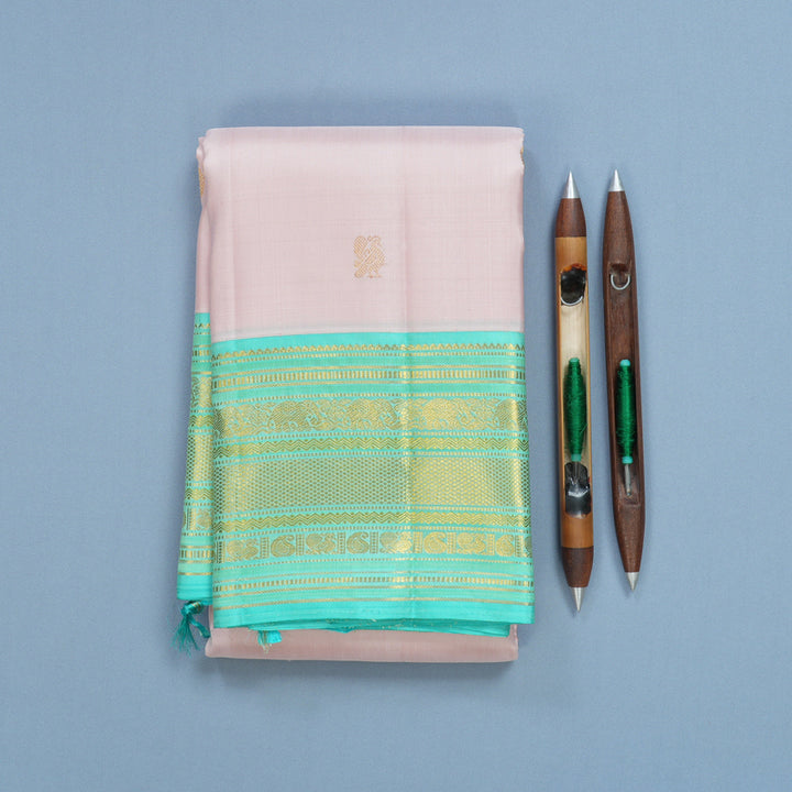 Hayagrivas Handloom Powder Pink Kanjivaram Silk Saree with Aqua Green Border KBF686G3-2