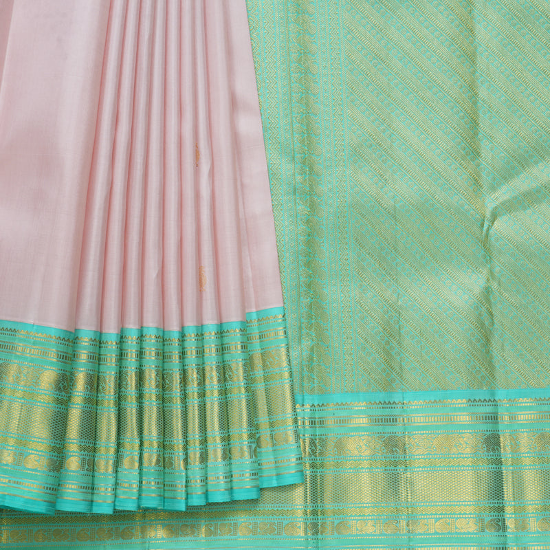 Hayagrivas Handloom Powder Pink Kanjivaram Silk Saree with Aqua Green Border KBF686G3-2