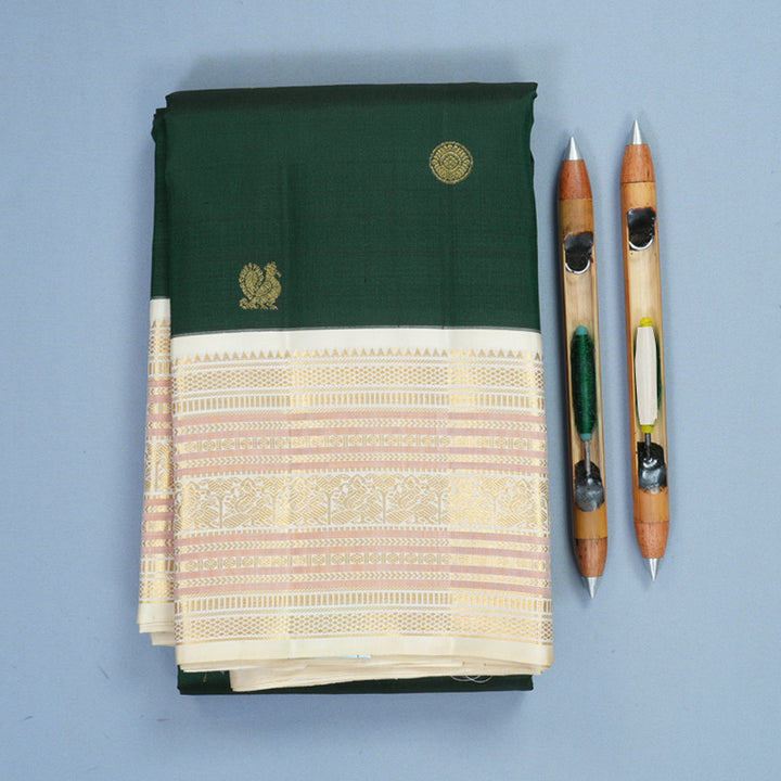 Hayagrivas Handloom Bottle Green Kanjivaram Silk Saree with Half-White Border KBF686G3-3