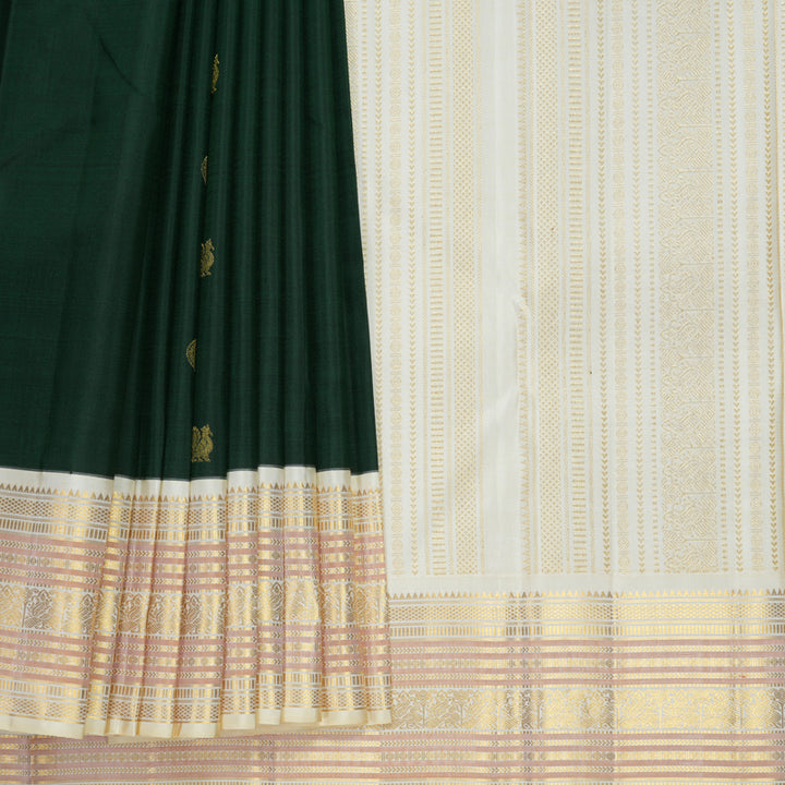 Hayagrivas Handloom Bottle Green Kanjivaram Silk Saree with Half-White Border KBF686G3-3