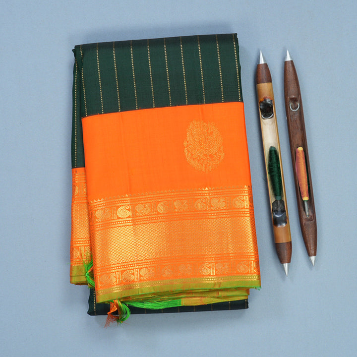 Hayagrivas Handloom Bottle Green Kanjivaram Silk Saree with Orange Border KBF686G5-1