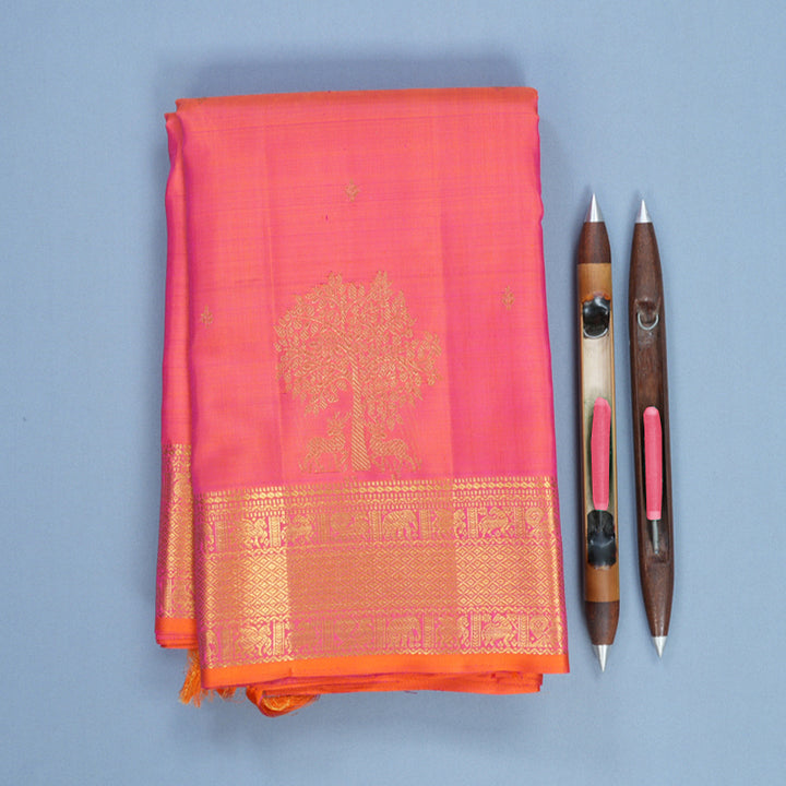 Hayagrivas Handloom Orangish-Pink Kanjivaram Silk Saree KBF687G2-1