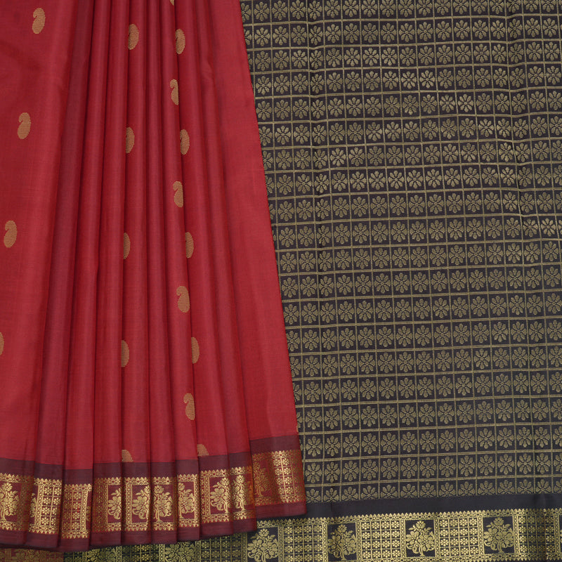 Hayagrivas Handloom Red Kanjivaram Silk Saree with Maroon Border KBF688G1-2
