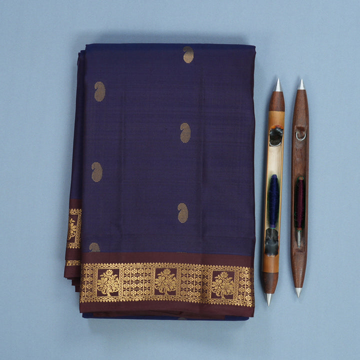 Hayagrivas Handloom Deep Blue Kanjivaram Silk Saree with Dark Brown Border KBF688G1-24